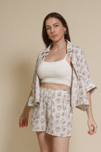Olivaceous cotton gauze floral shorts, in Blue/Brown. (matching set bottoms)