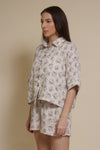Olivaceous cotton gauze floral print button down top, in blue/brown.