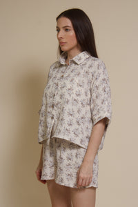 Olivaceous cotton gauze floral print button down top, in blue/brown.