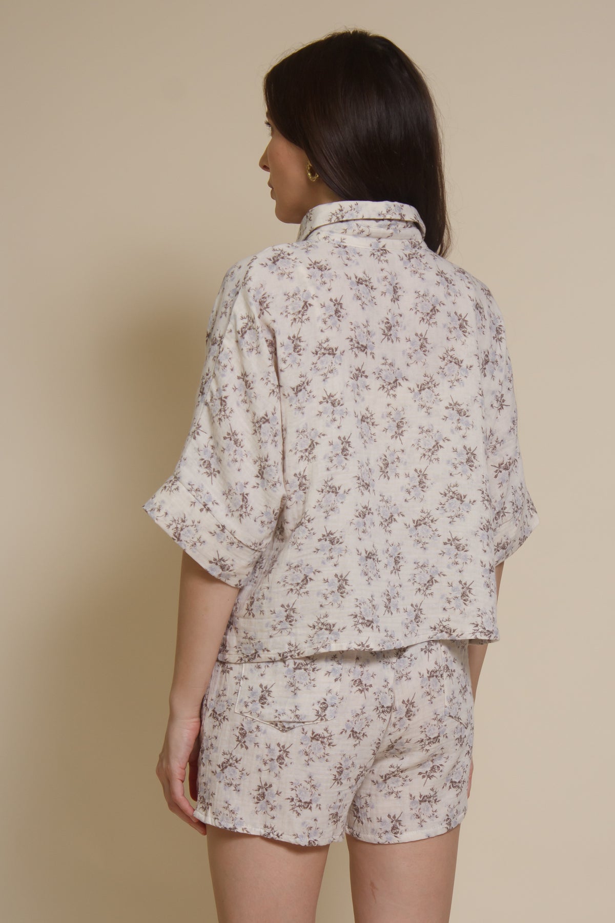 Olivaceous cotton gauze floral print button down top, in blue/brown.