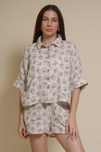 Olivaceous cotton gauze floral print button down top, in blue/brown.