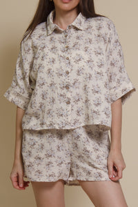 Olivaceous cotton gauze floral shorts, in Blue/Brown. (matching set bottoms)