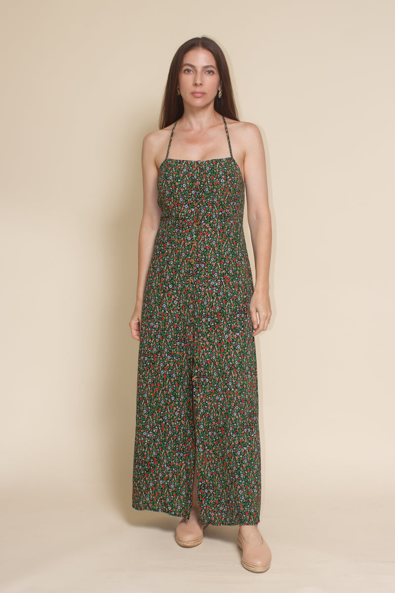 Olivaceous ditsy floral open back midi dress with button down front, in black green.