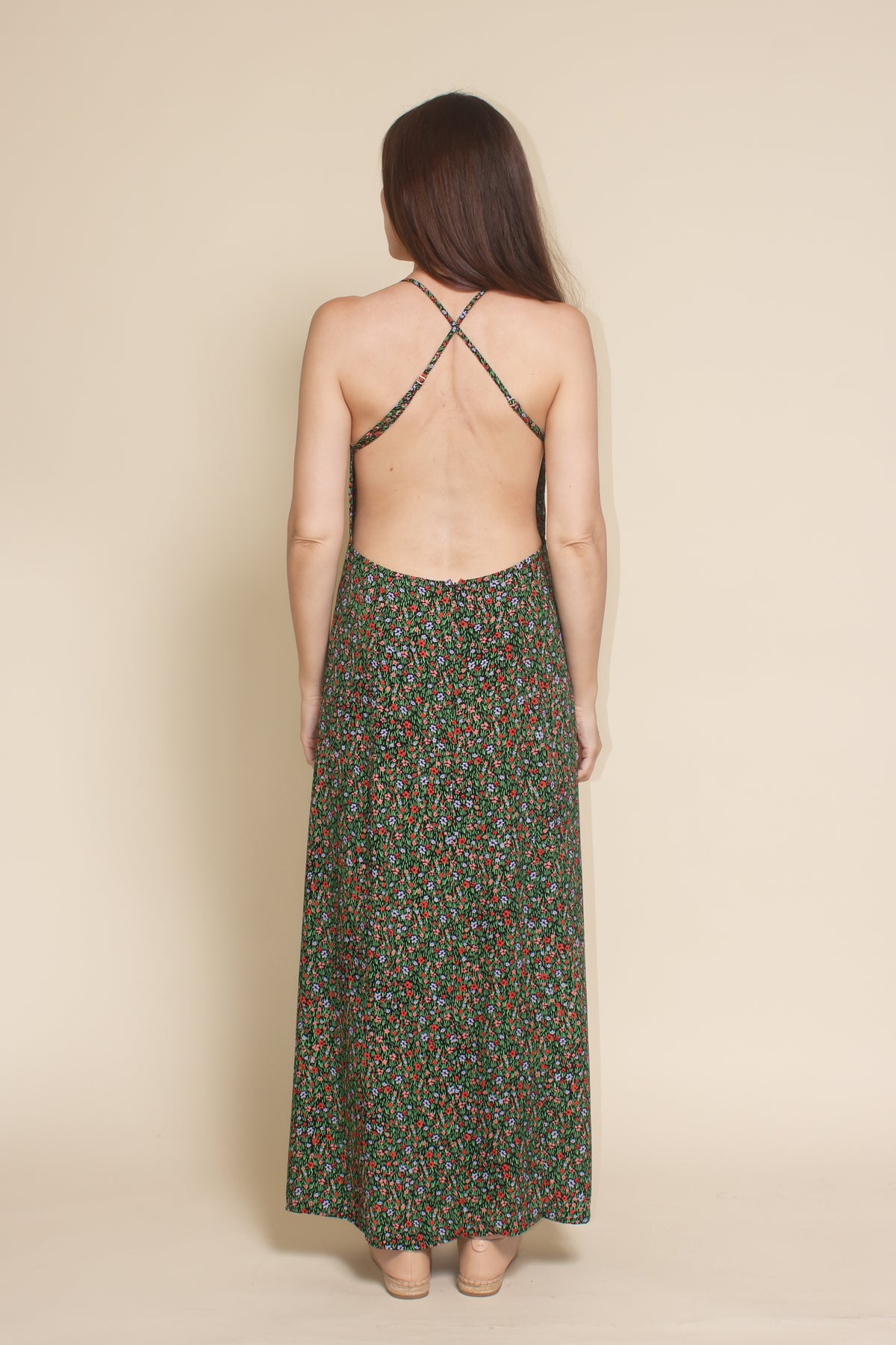 Olivaceous ditsy floral open back midi dress with button down front, in black green.