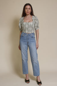 Olivaceous floral jacquard corset top with puff sleeves, in sage cream. 