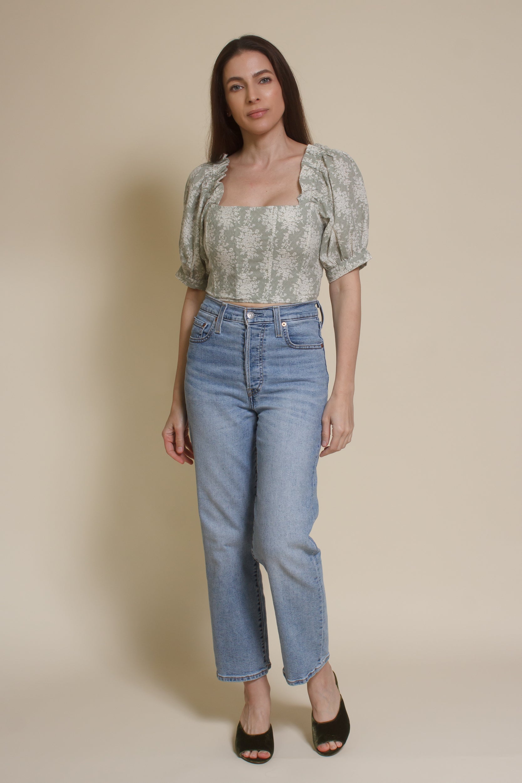 Olivaceous floral jacquard corset top with puff sleeves, in sage cream.