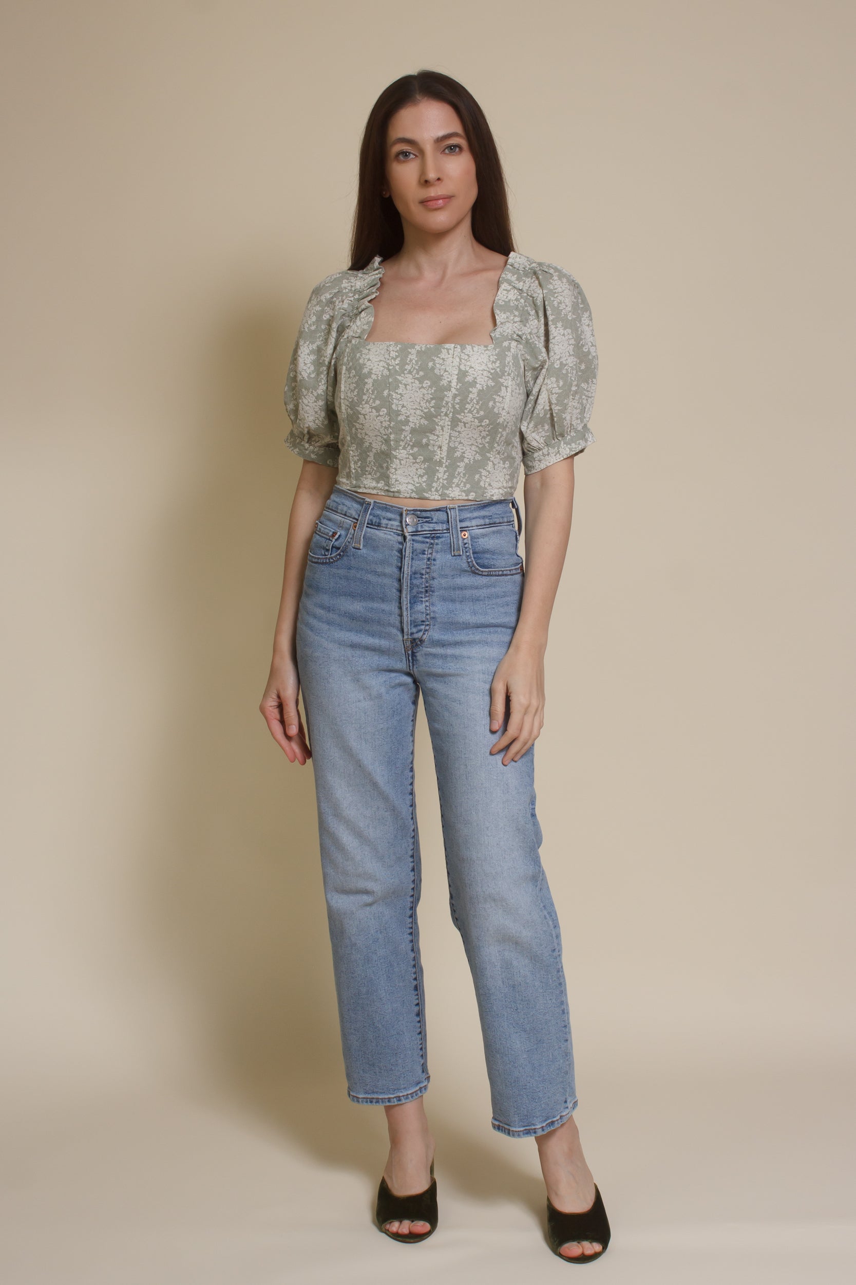 Olivaceous floral jacquard corset top with puff sleeves, in sage cream.