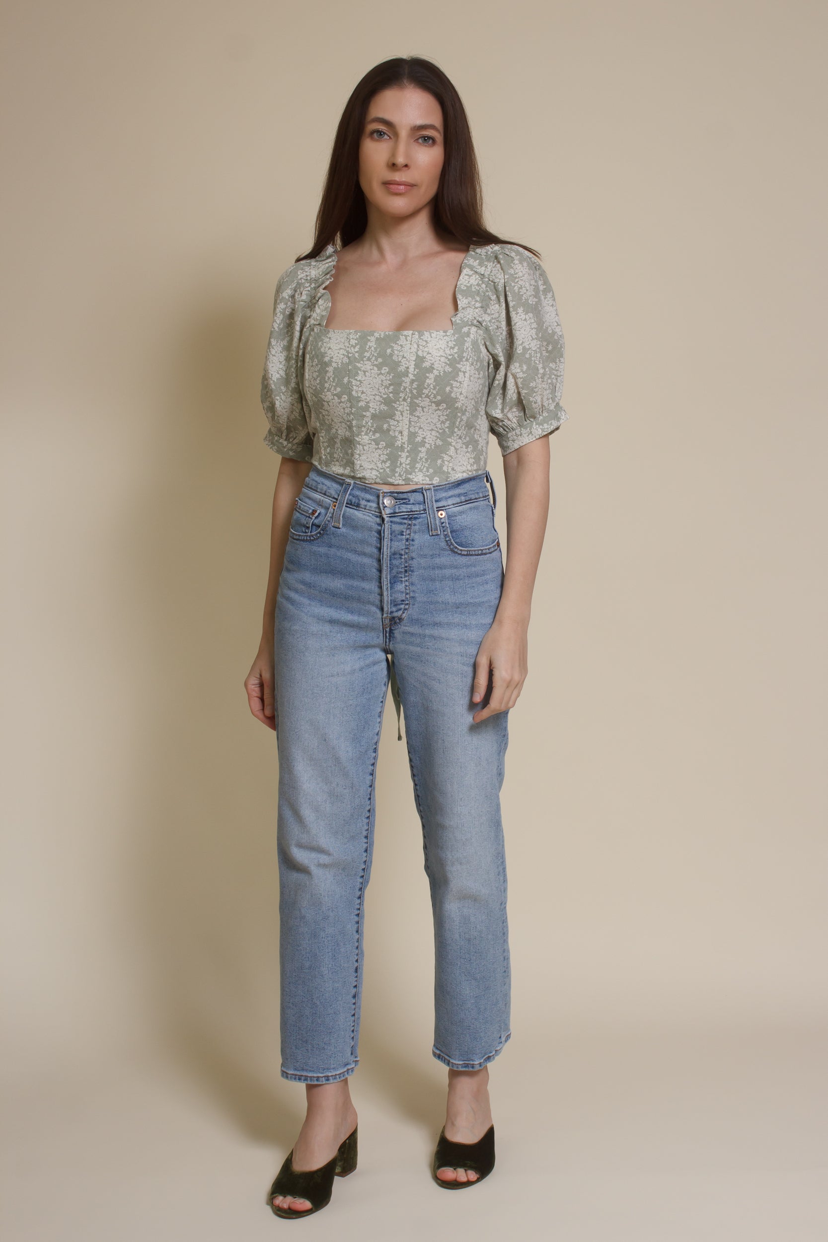 Olivaceous floral jacquard corset top with puff sleeves, in sage cream. 
