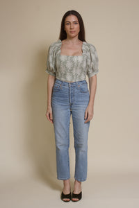 Olivaceous floral jacquard corset top with puff sleeves, in sage cream.