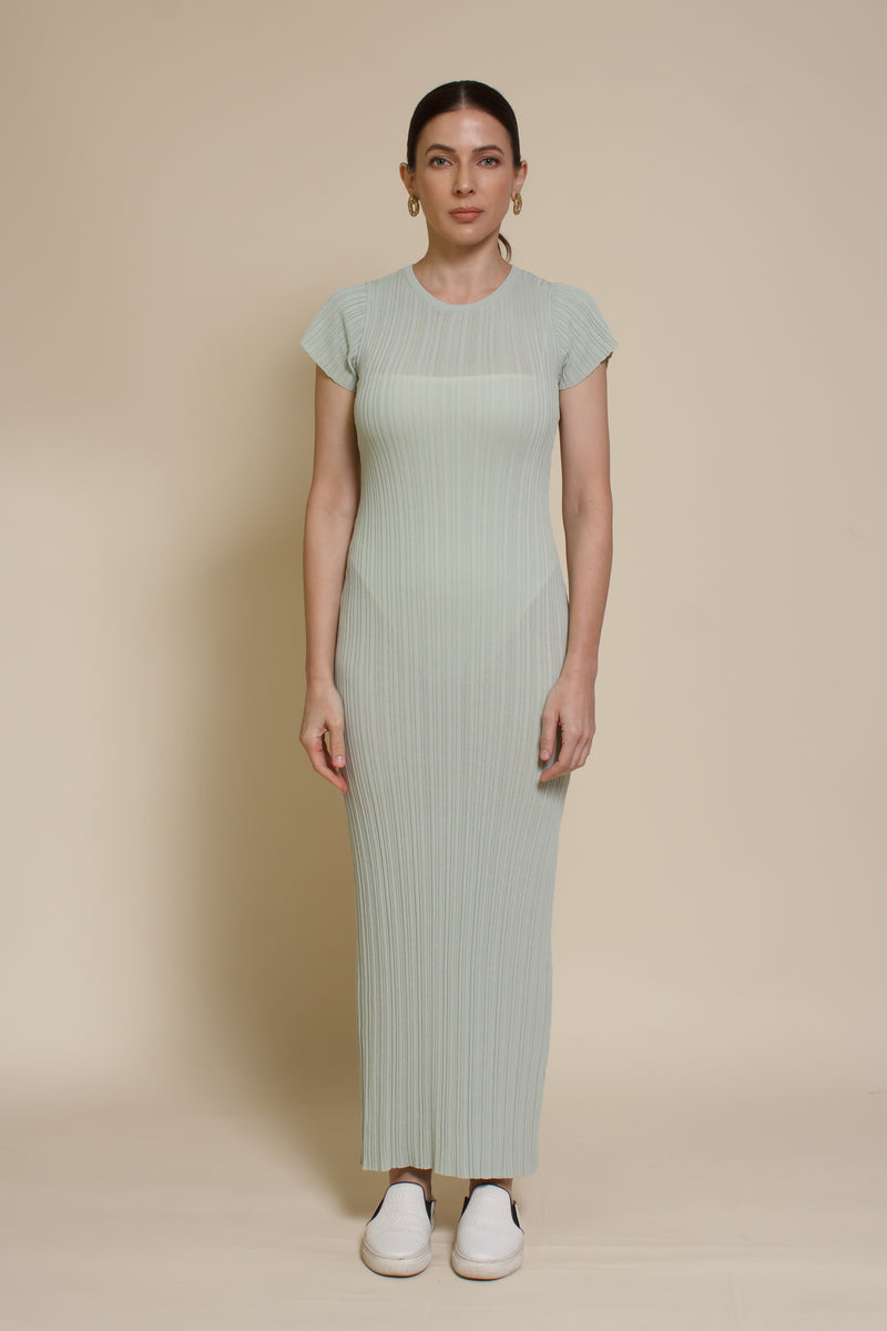 Olivaceous semi sheer fitted dress, in sage.