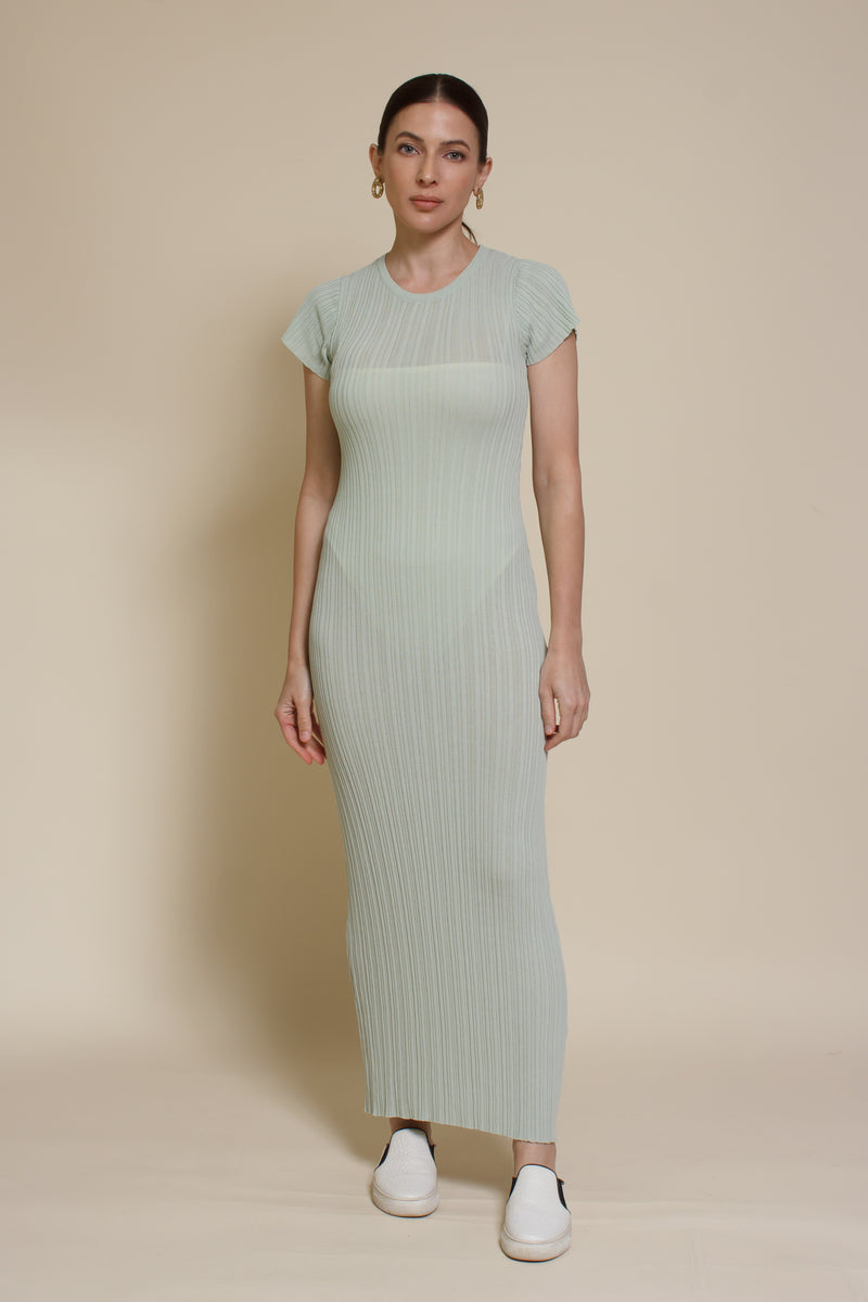 Olivaceous semi sheer fitted dress, in sage.