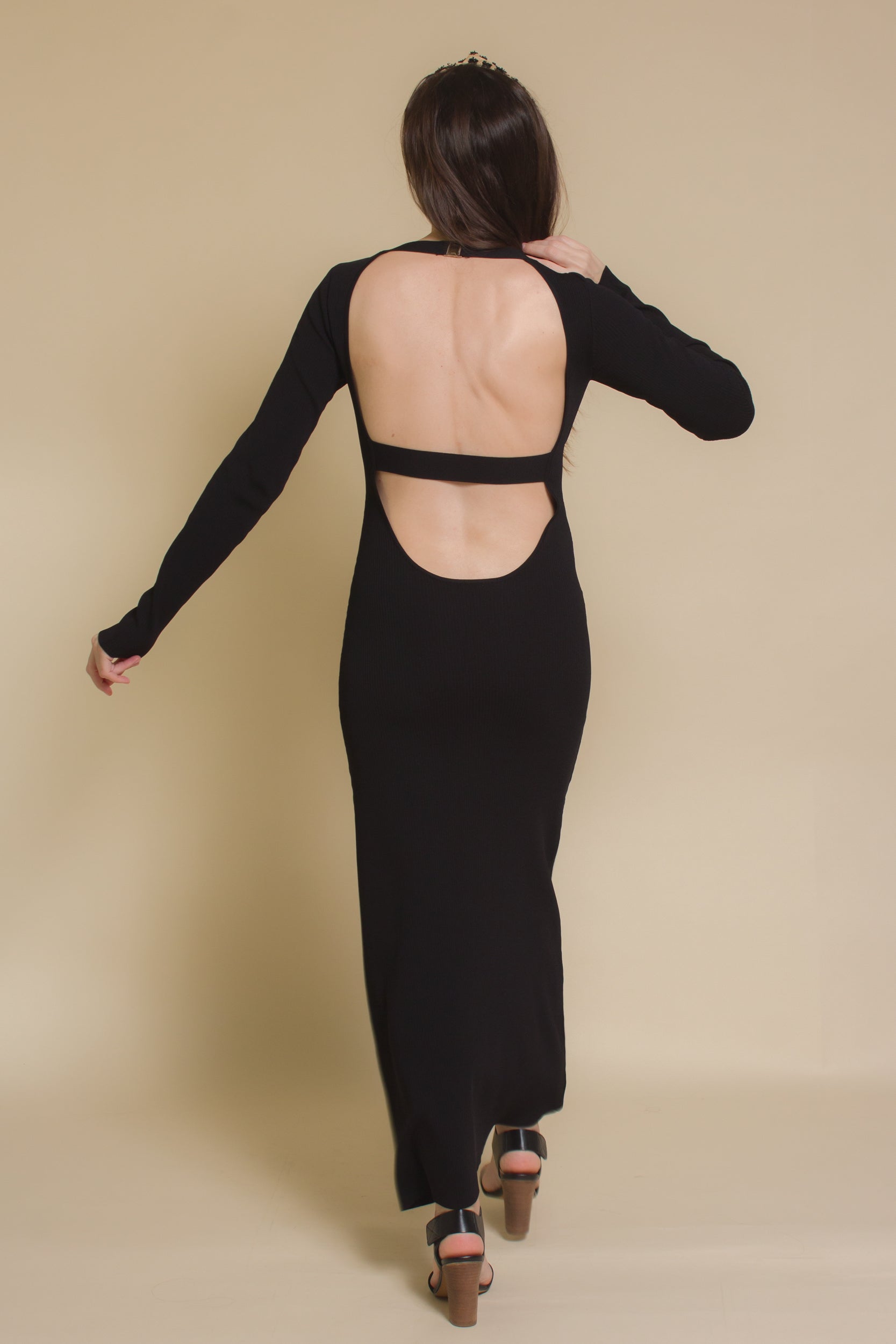Olivaceous open back knit maxi dress, in black.
