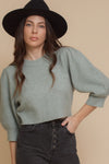 Cropped crewneck sweater with puff sleeves, in sage.