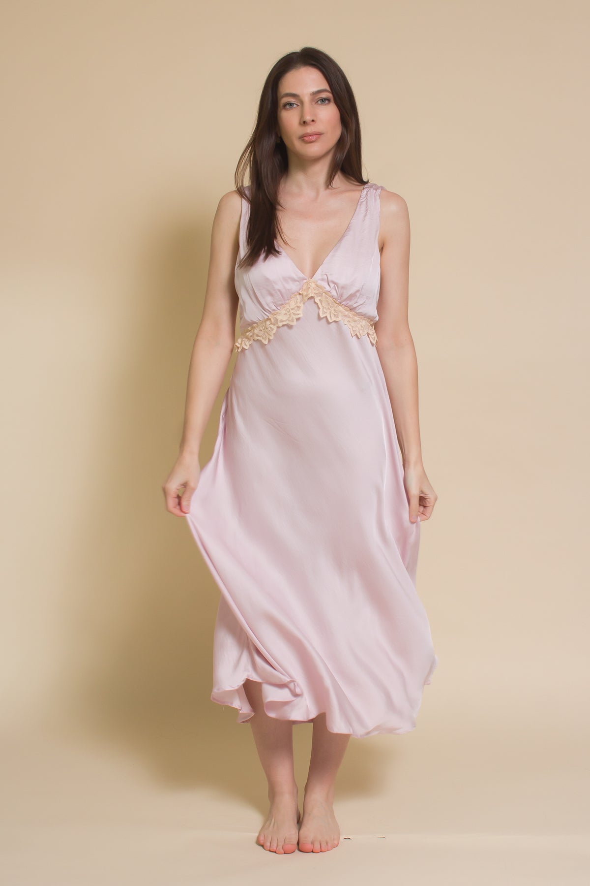 Olivaceous vintage inspired silk slip dress, in light lilac.
