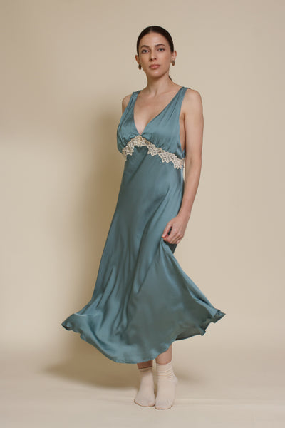 Olivaceous vintage inspired silk slip dress, in moss.