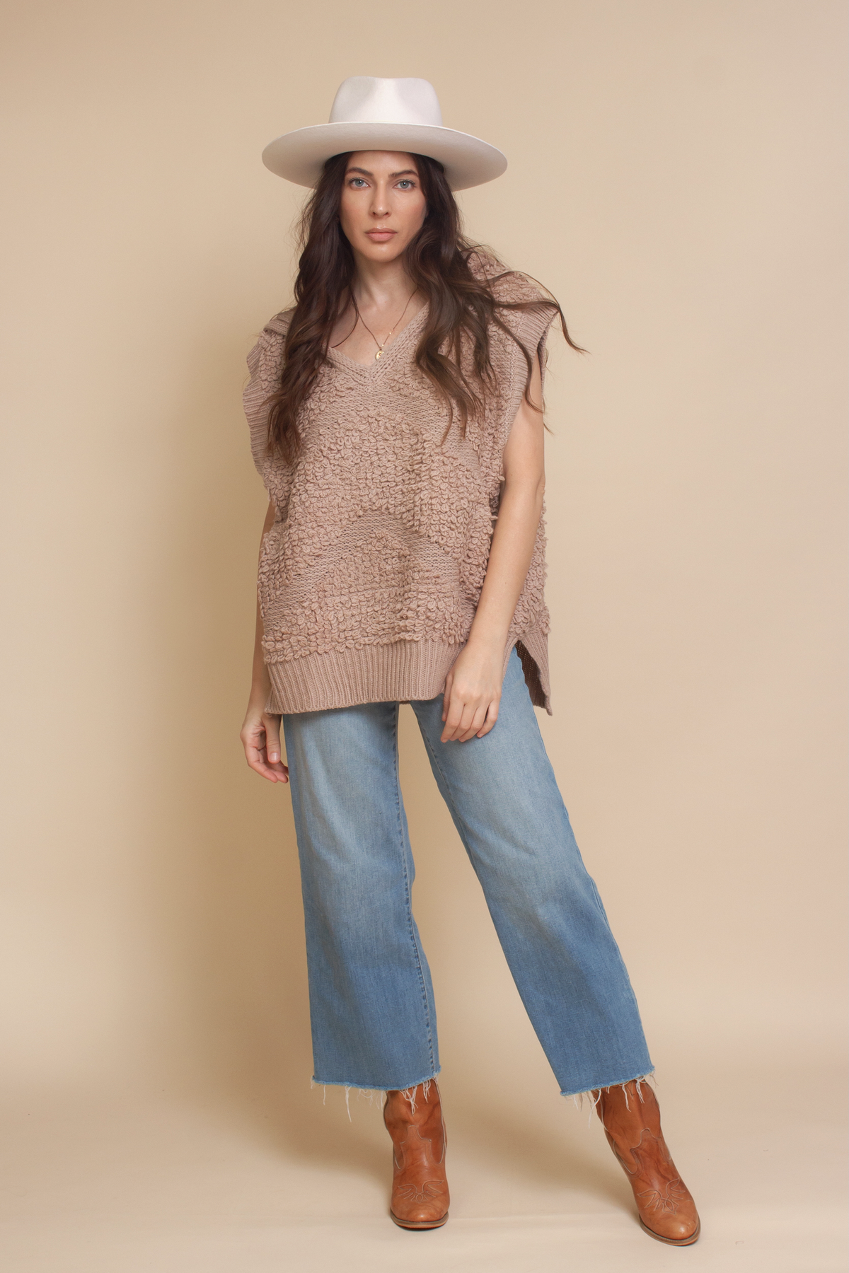 POL oversized looped knit hooded sweater vest, in mauve.