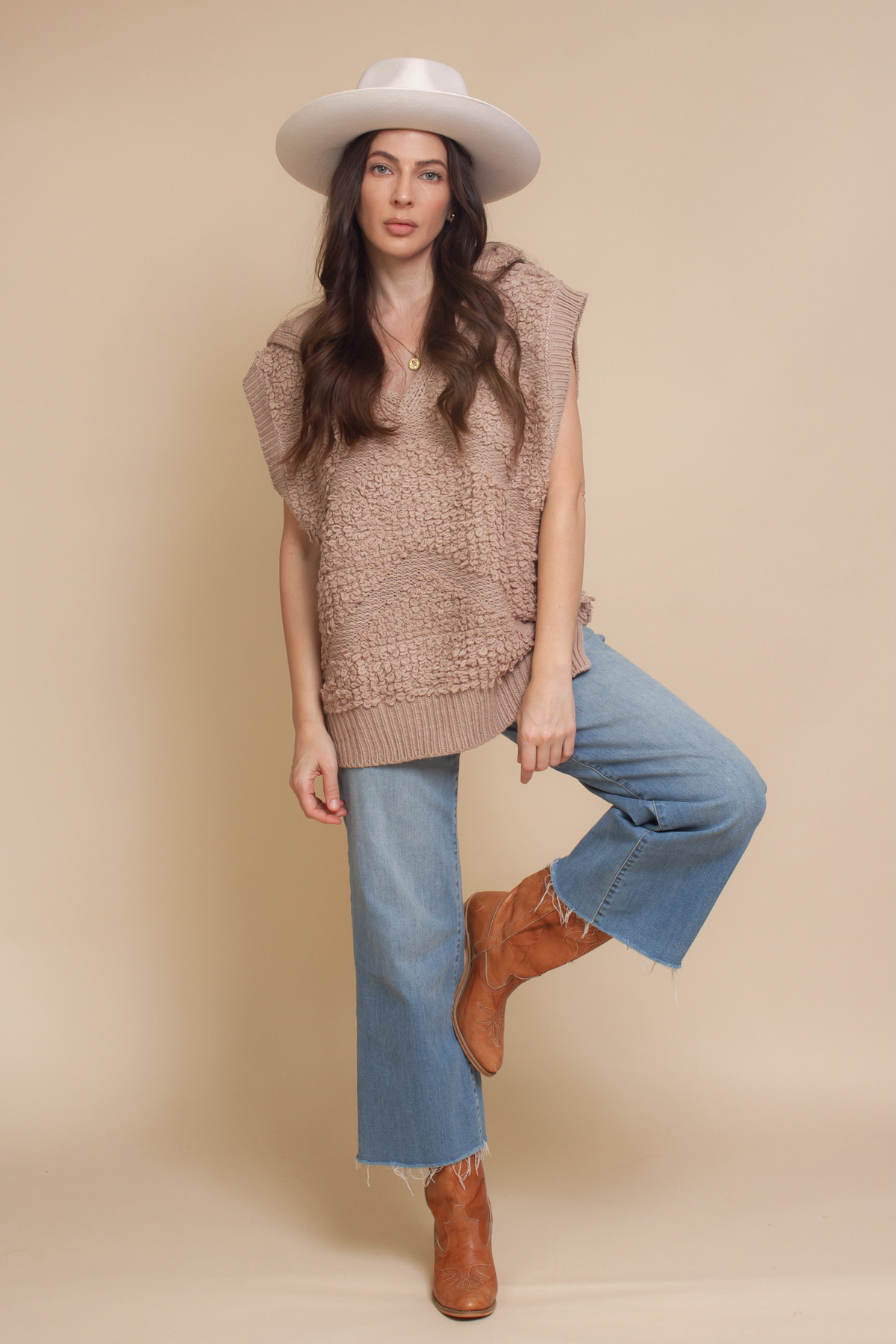 POL oversized looped knit hooded sweater vest, in mauve.