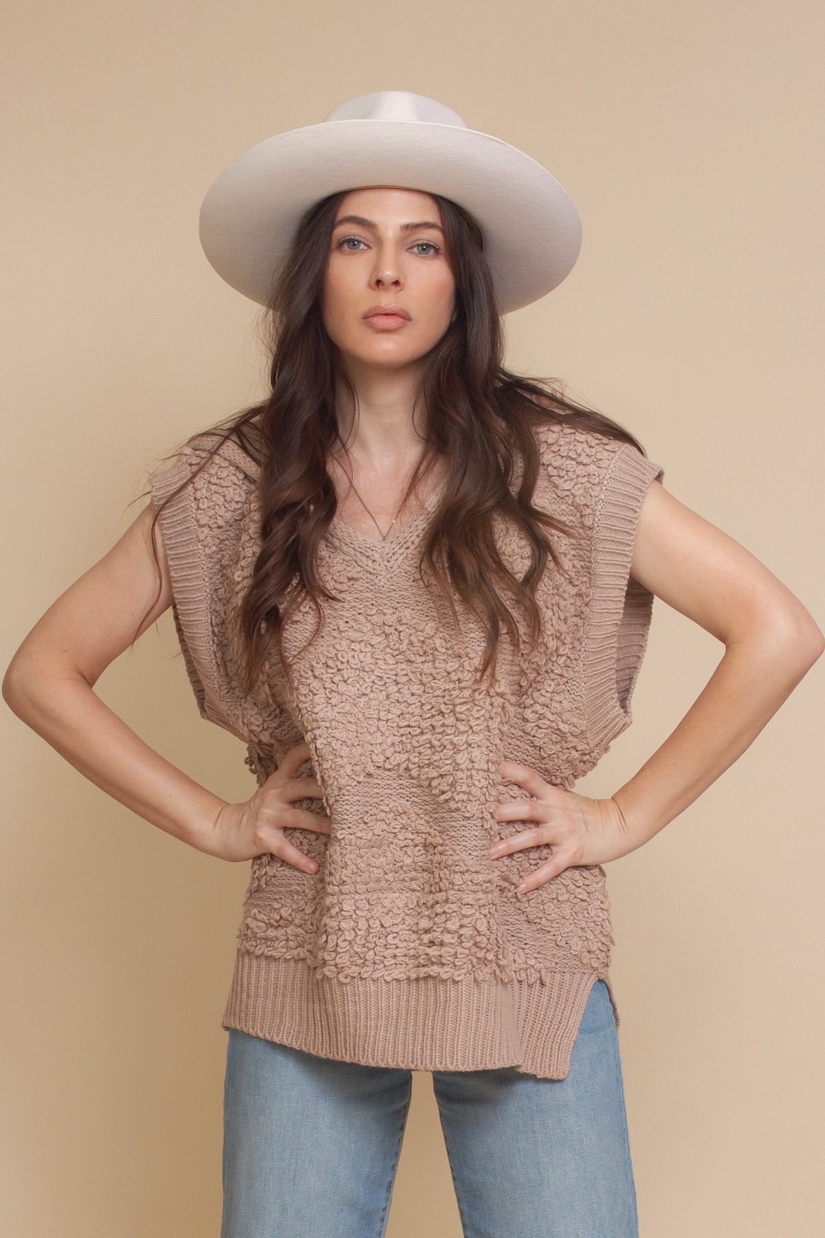 POL oversized looped knit hooded sweater vest, in mauve.