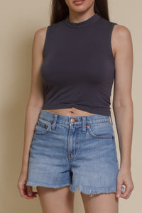 POL mock neck tank top, in blue.