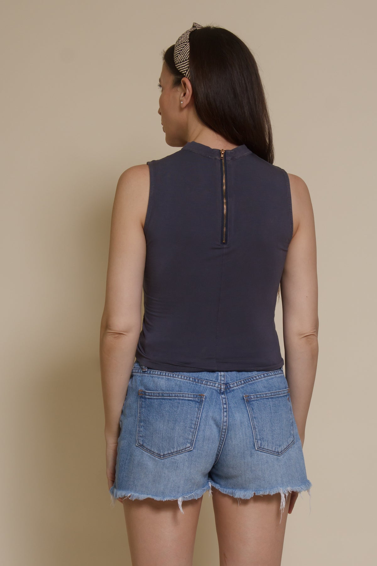 POL mock neck tank top, in blue.