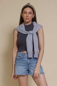 POL mock neck tank top, in blue.