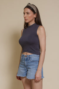 POL mock neck tank top, in blue.