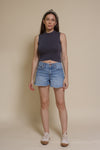 POL mock neck tank top, in blue.