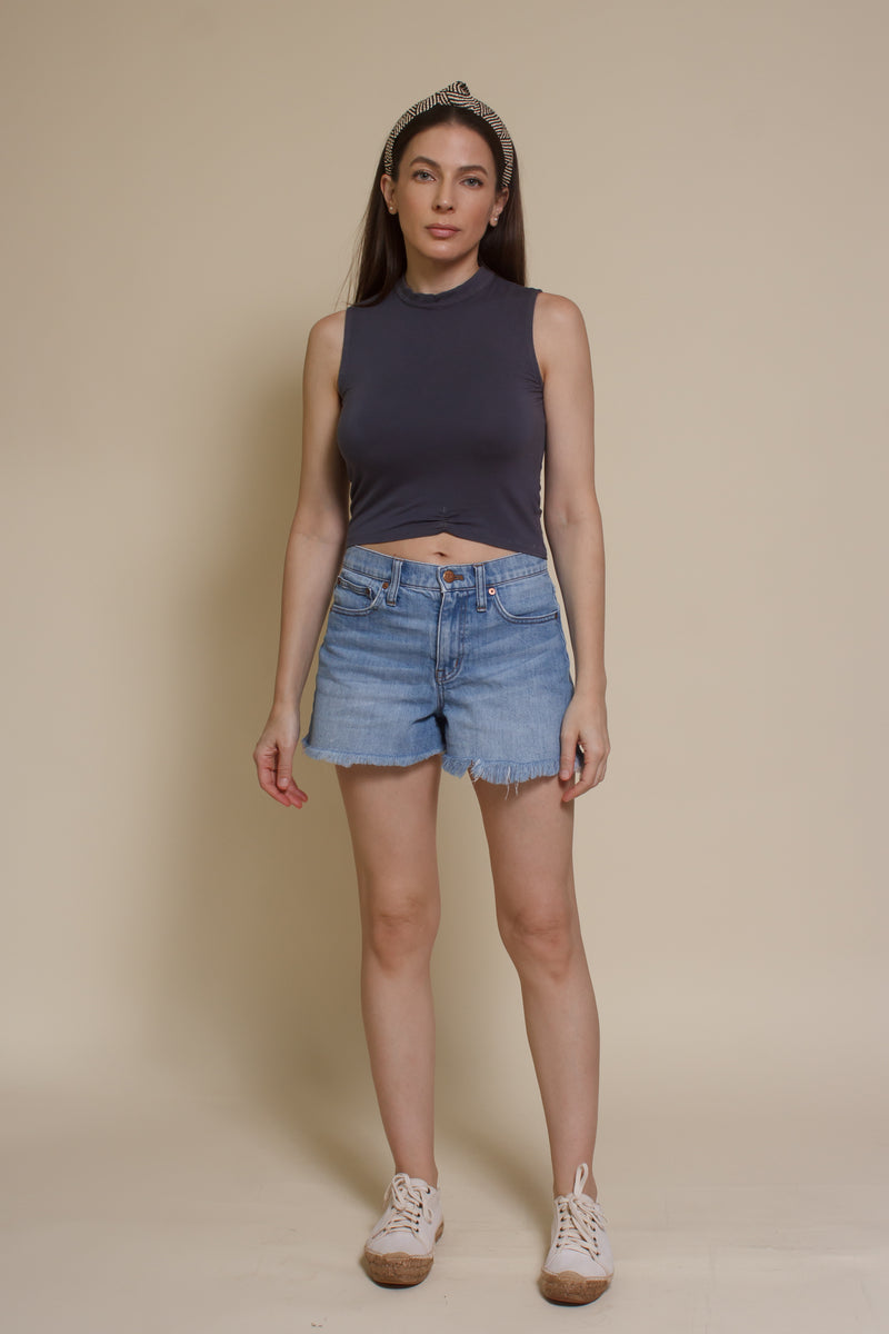 POL mock neck tank top, in blue.