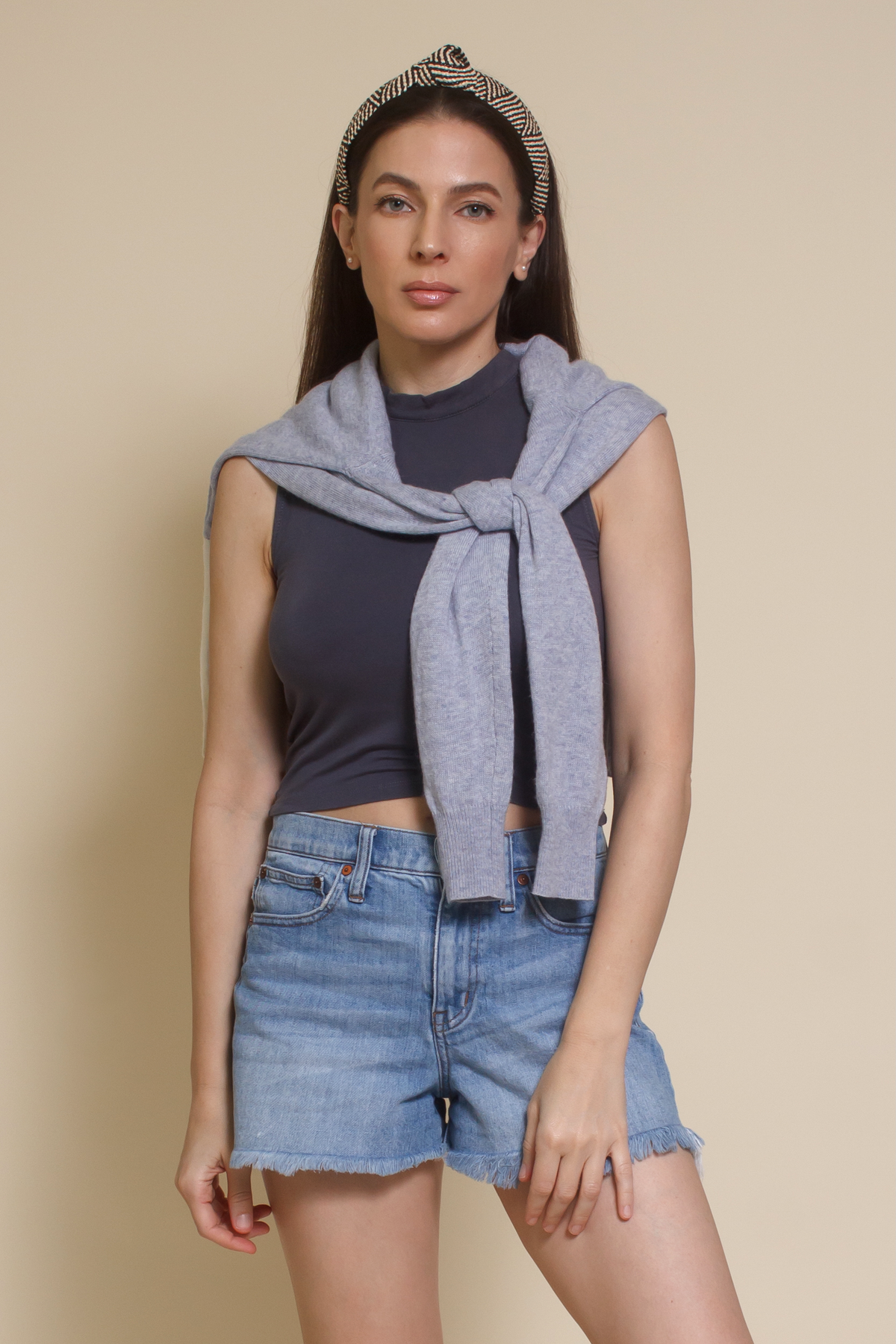 POL mock neck zipper back tank top, in blue.