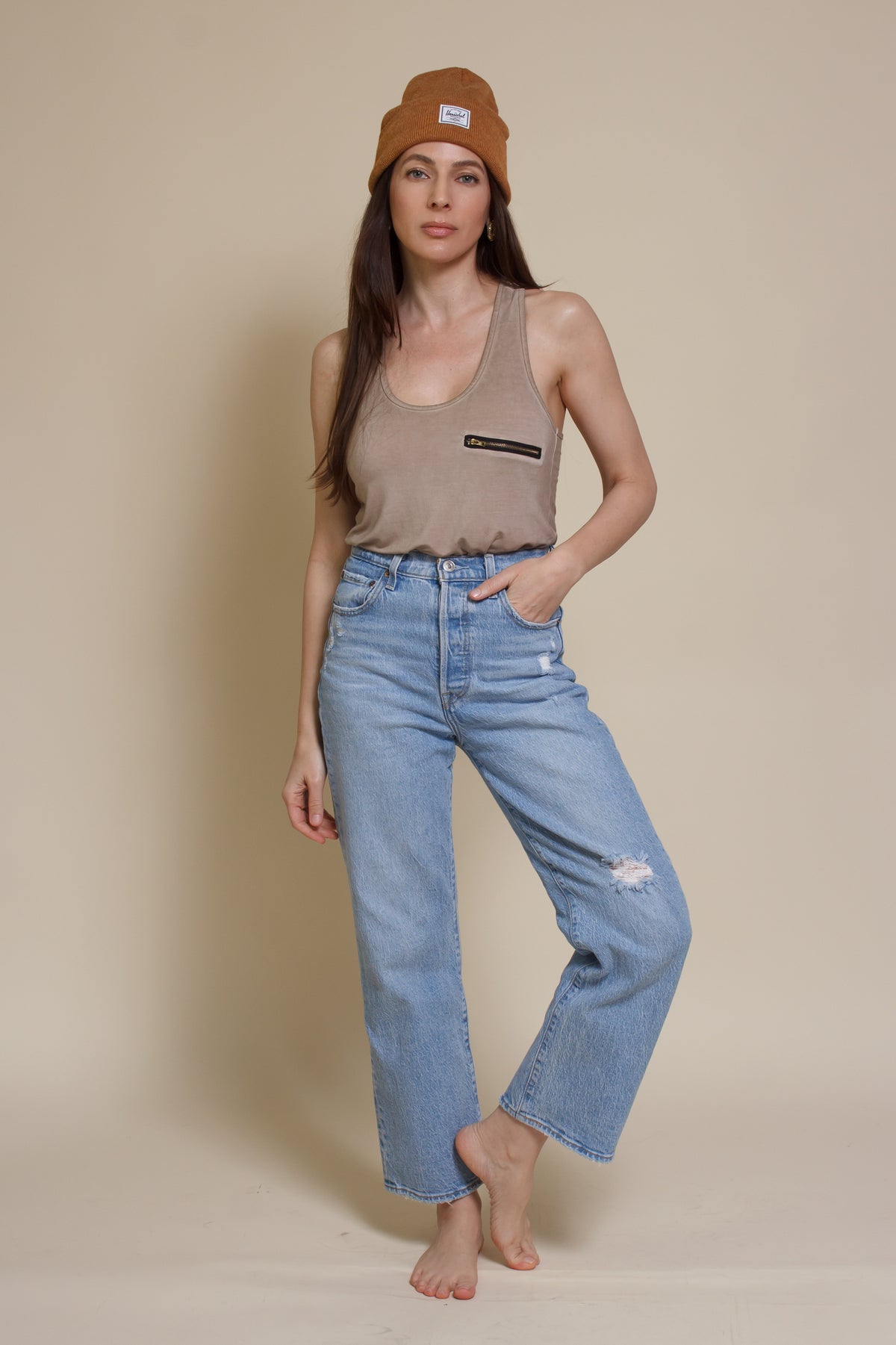 Pol exposed zipper tank top, in beige.