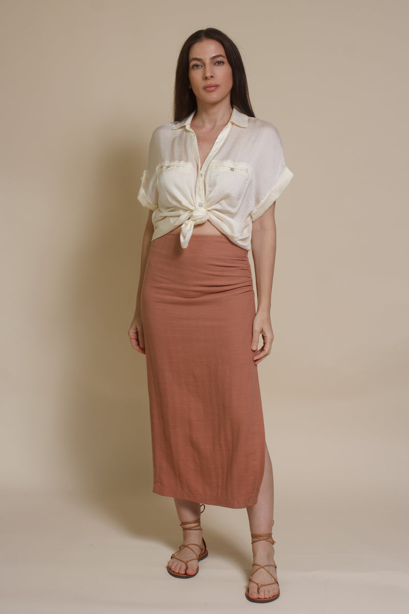 Promesa silk henley blouse, in cream.