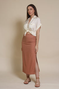 Promesa silk henley blouse, in cream.
