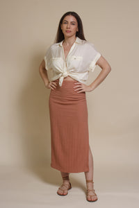 Promesa silk henley blouse, in cream.