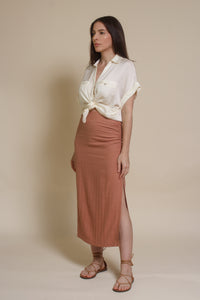 Promesa silk henley blouse, in cream.