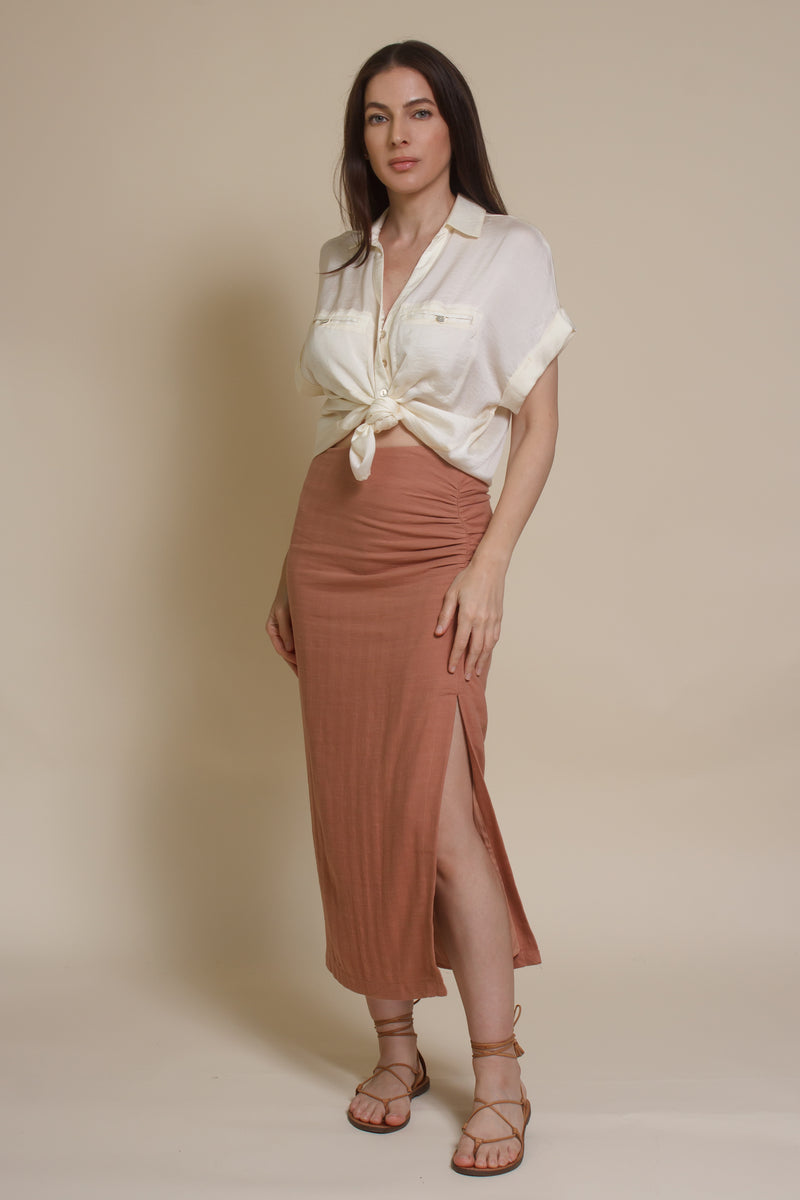 Promesa silk henley blouse, in cream.