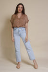Promesa silk henley blouse, in taupe.