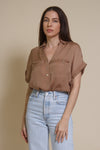 Promesa silk henley blouse, in taupe.