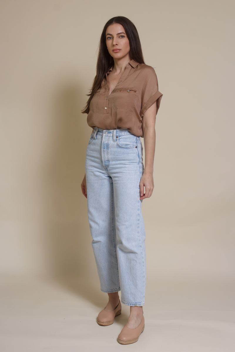 Promesa silk henley blouse, in taupe.