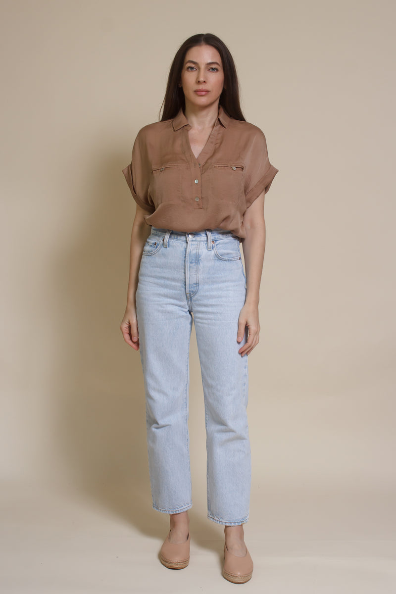 Promesa silk henley blouse, in taupe.