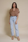 Promesa silk henley blouse, in taupe.