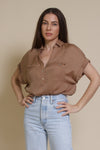 Promesa silk henley blouse, in taupe.