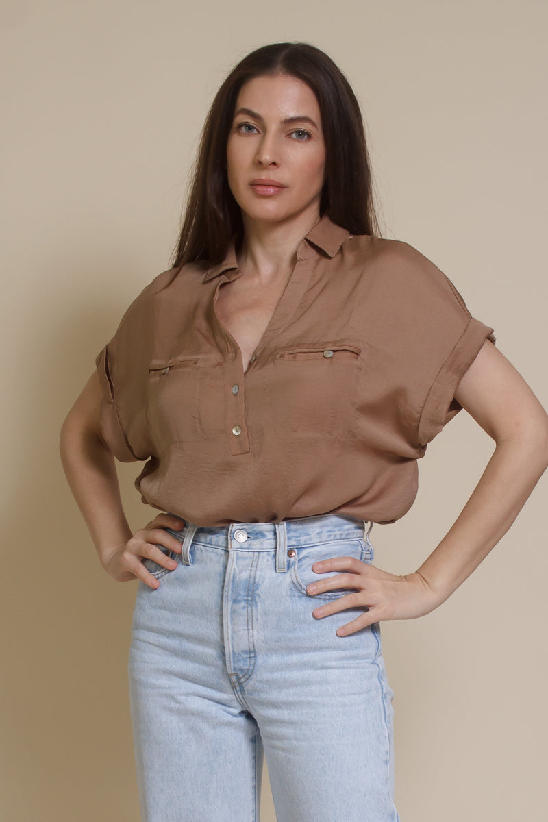 Promesa silk henley blouse, in taupe.