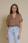 Promesa silk henley blouse, in taupe.