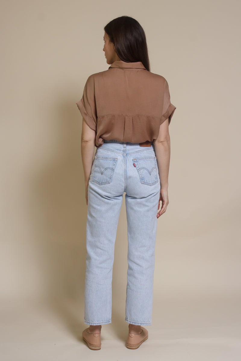 Promesa silk henley blouse, in taupe.