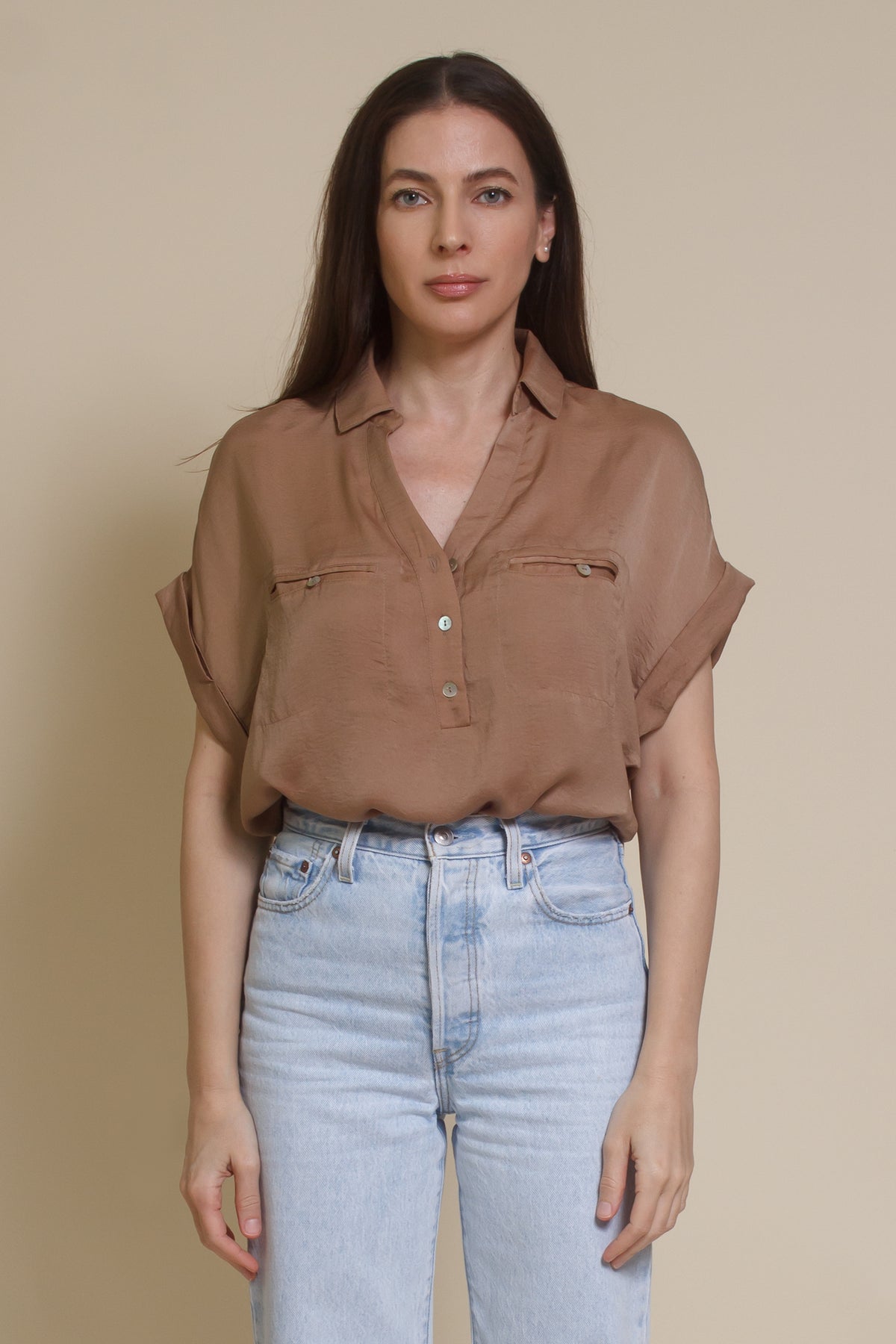 Promesa silk henley blouse, in taupe.