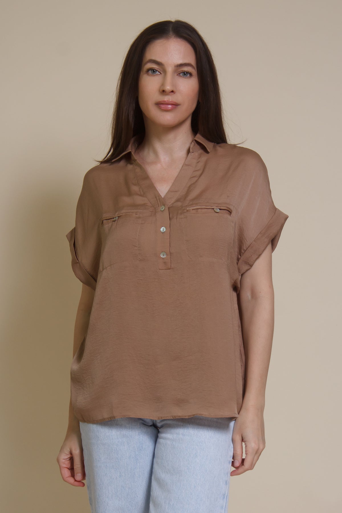 Promesa silk henley blouse, in taupe.