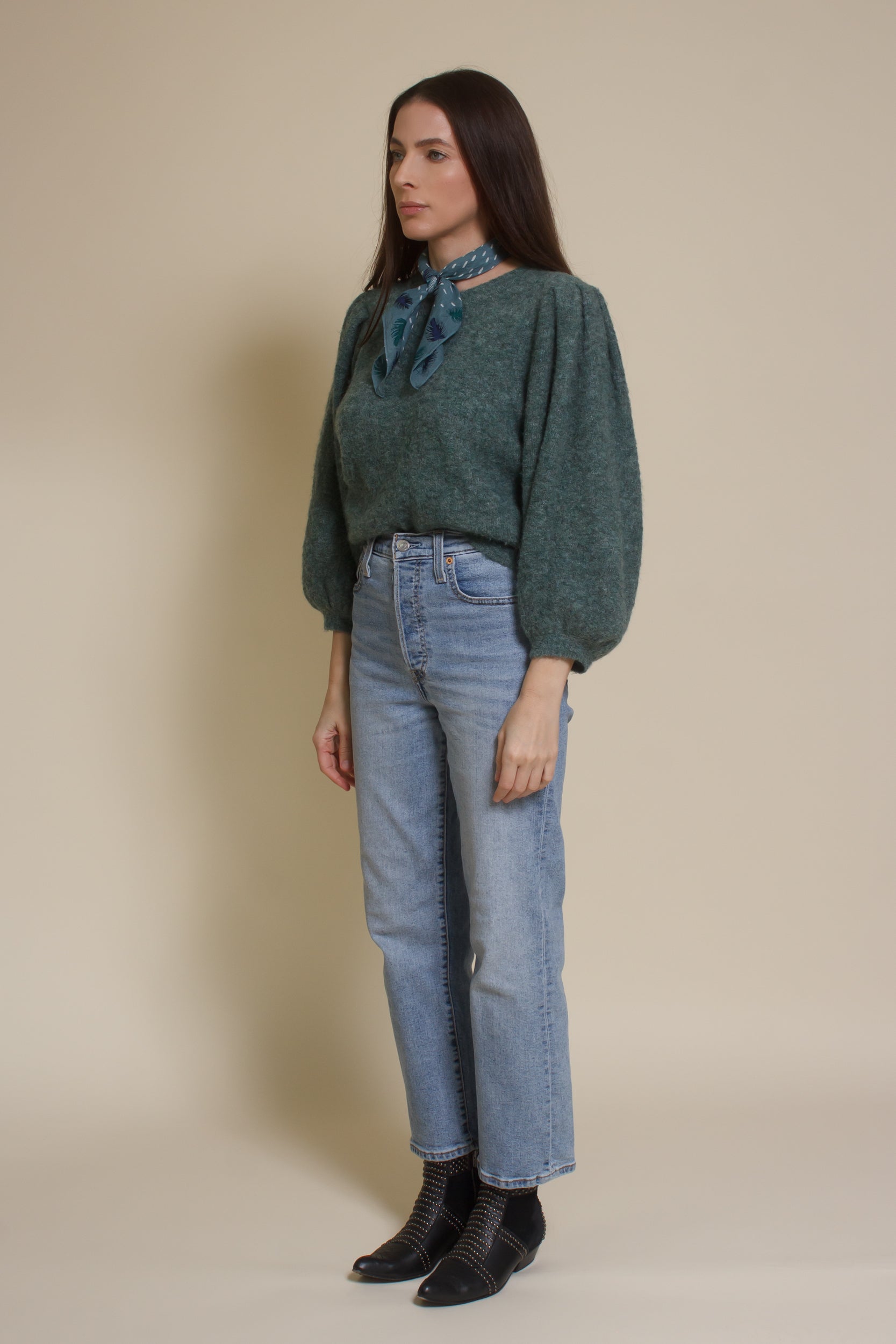 Lush Brand puff sleeve sweater, in pine.