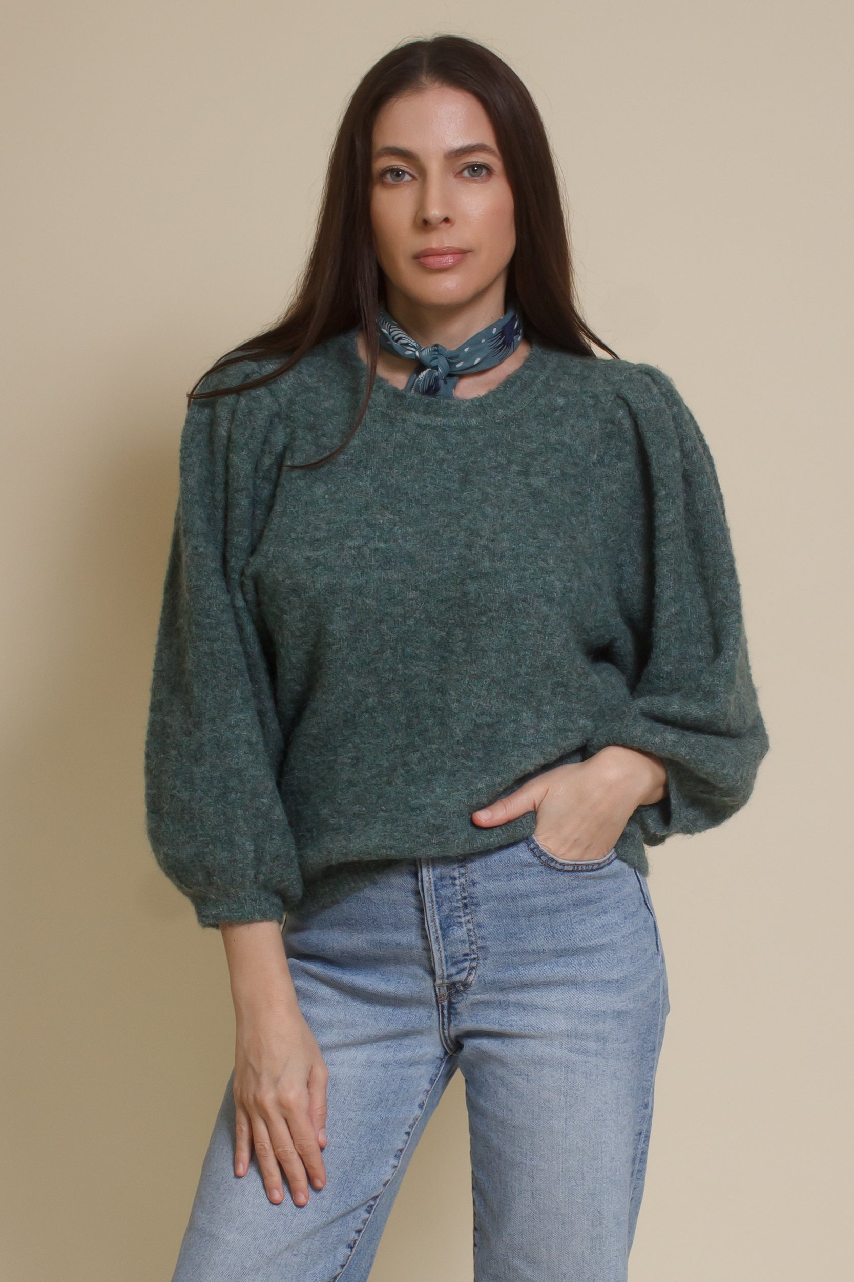 Lush Brand puff sleeve sweater, in pine.