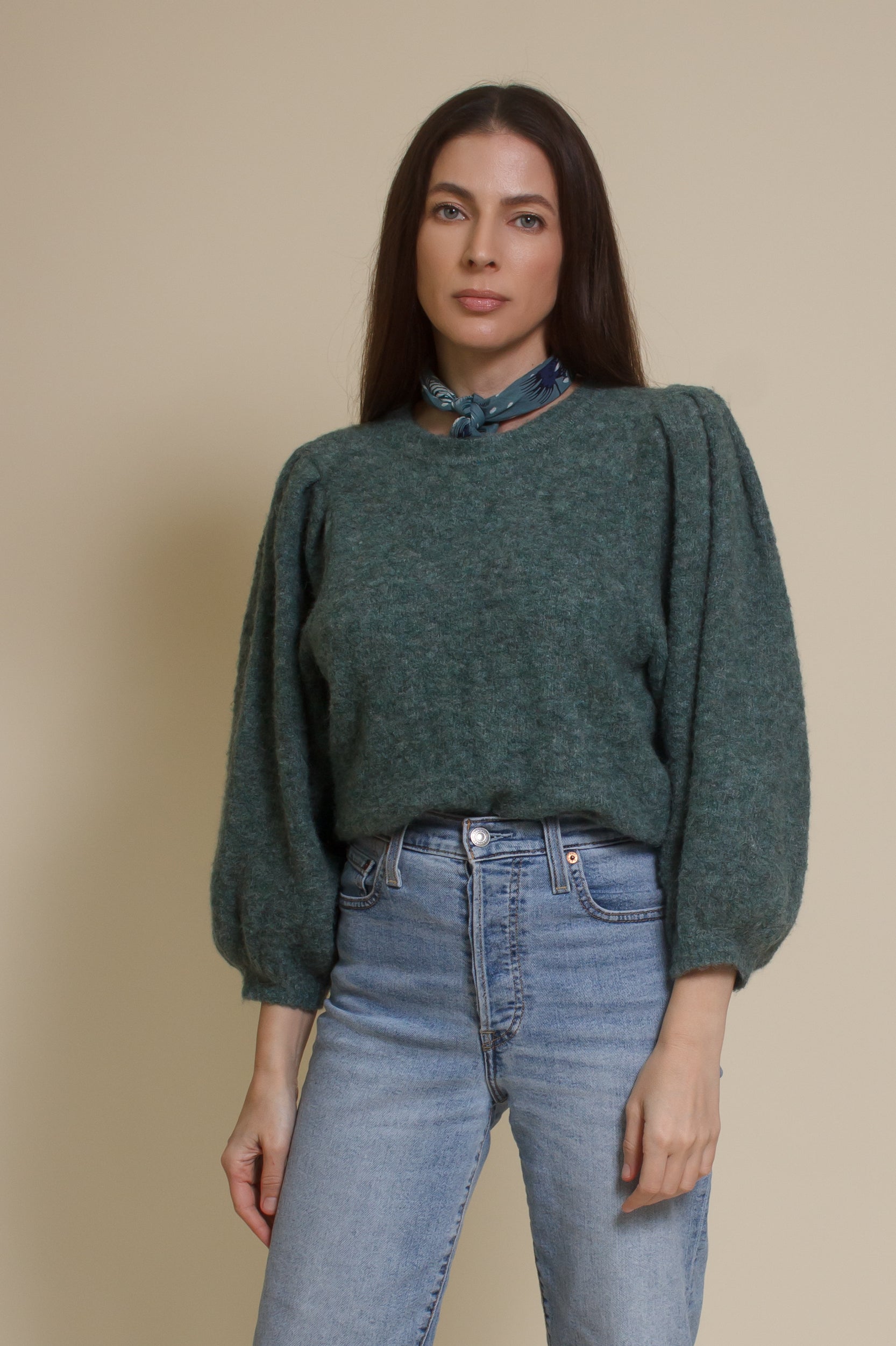 Lush Brand puff sleeve sweater, in pine.