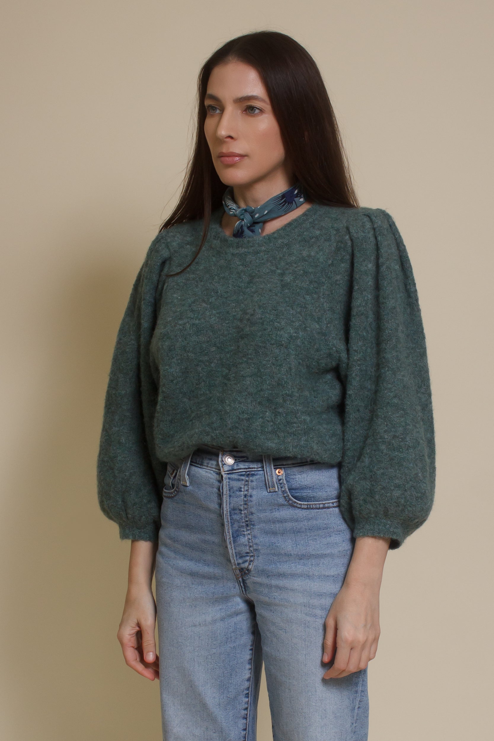 Lush Brand puff sleeve sweater, in pine.